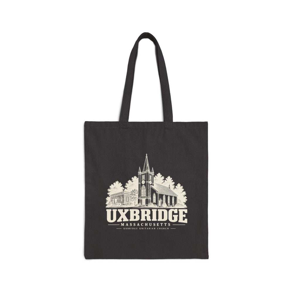 Black canvas tote with Uxbridge Unitarian Church artwork, front view