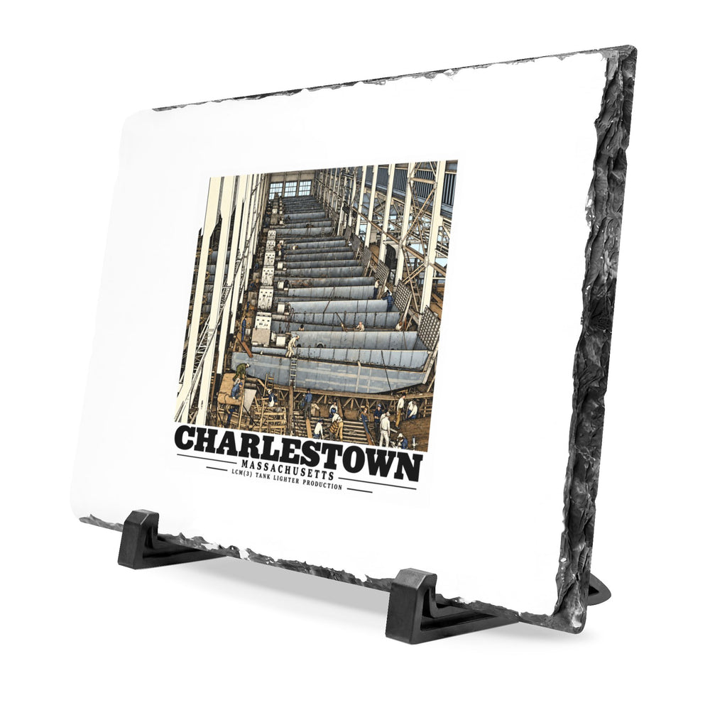 Angled landing-craft slate plaque showing chiseled edge and display stand