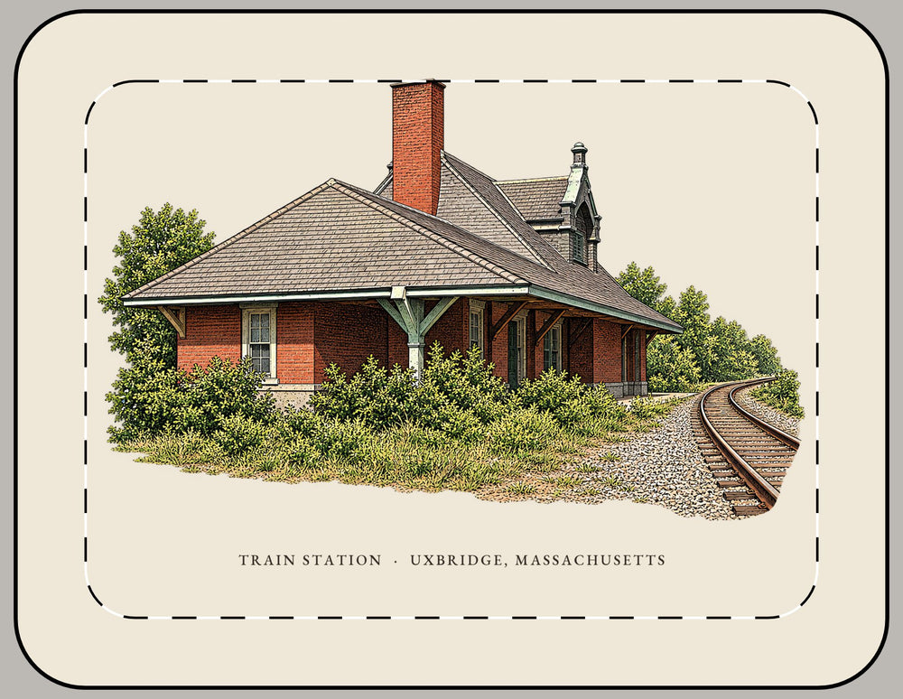 Uxbridge Train Station 15-inch laptop sleeve mockup showing the full illustrated print
