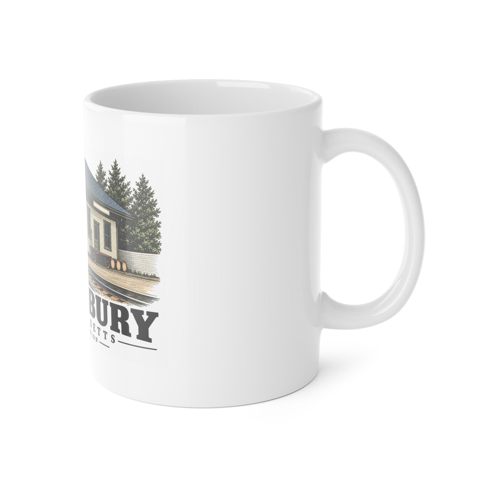 Right-handle side view of Centre Station white ceramic mug, Tewksbury, Massachusetts.