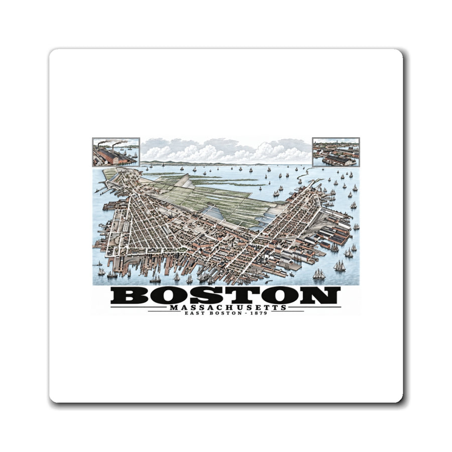 White square magnet showing East Boston bird-eye city and harbor panorama with inset views artwork and Boston lettering