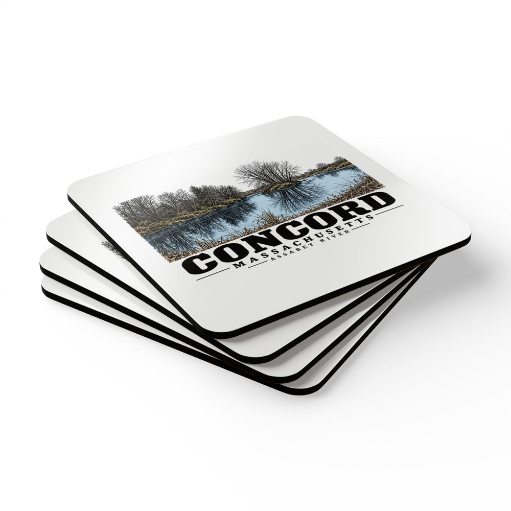 Illustrated Assabet River in Concord on corkwood coaster set