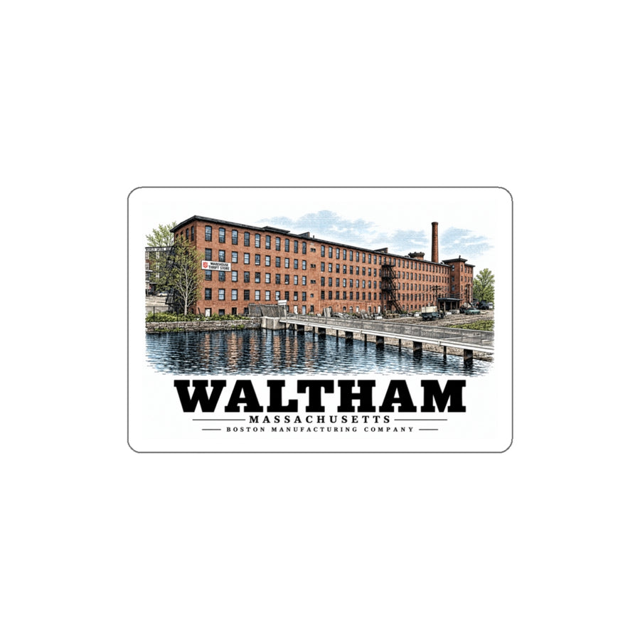 Illustrated Boston Manufacturing Company in Waltham on die-cut sticker