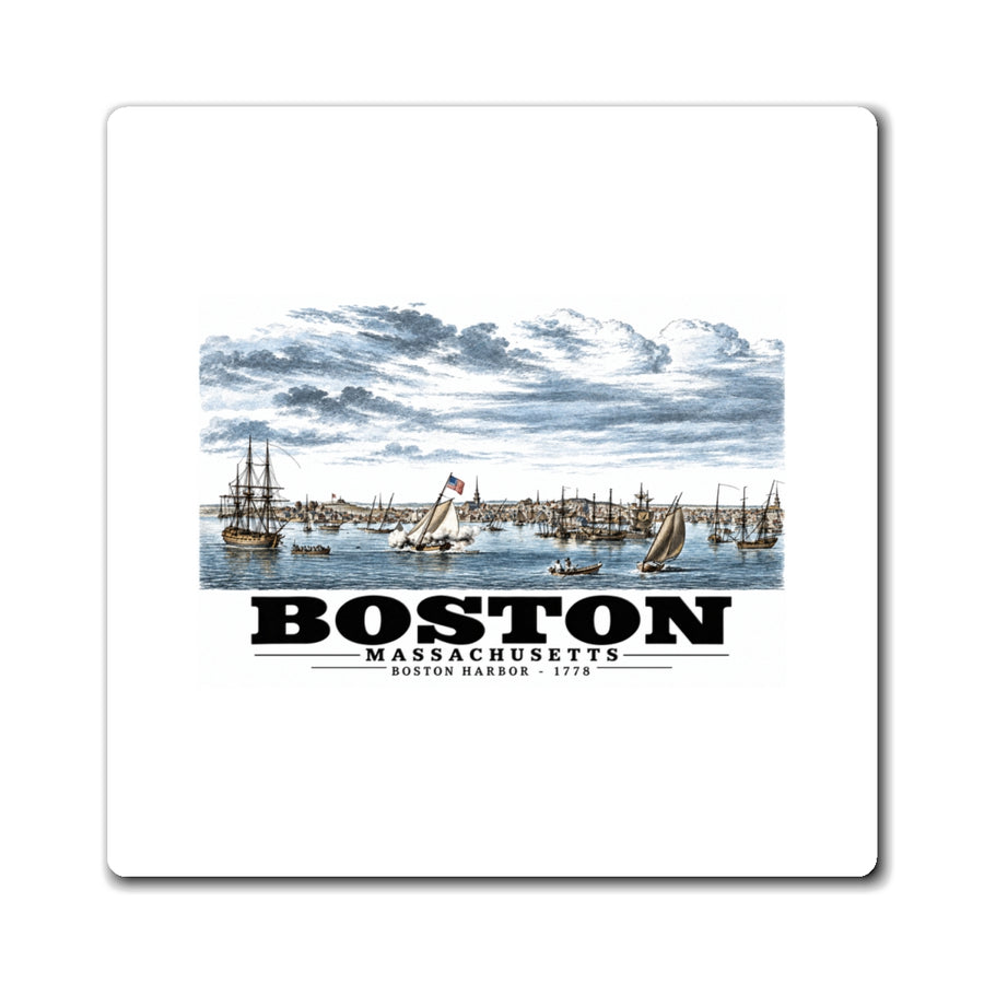 White rectangular magnet showing Boston Harbor waterfront scene with sailing ships artwork and Boston lettering