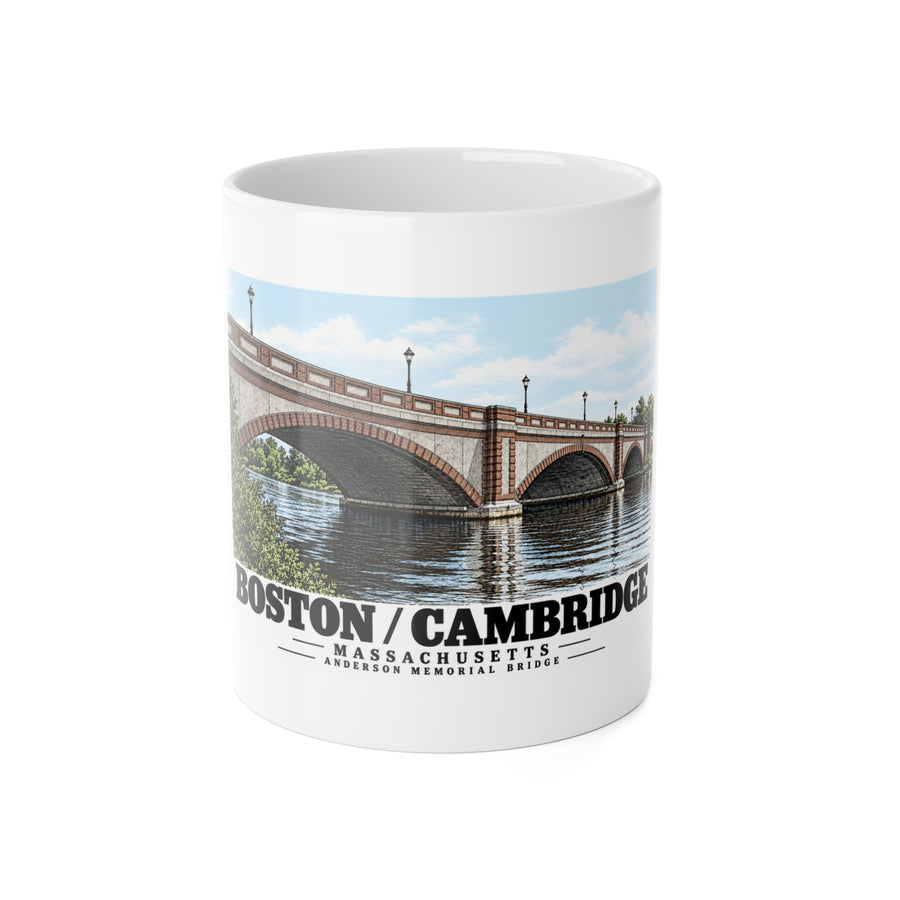 White mug showing Anderson Memorial Bridge close arch view artwork and Boston/Cambridge lettering