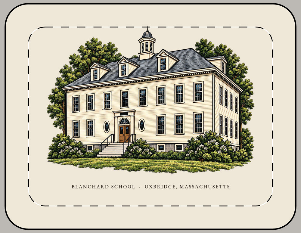 Uxbridge Blanchard School 15-inch laptop sleeve mockup showing the full illustrated print