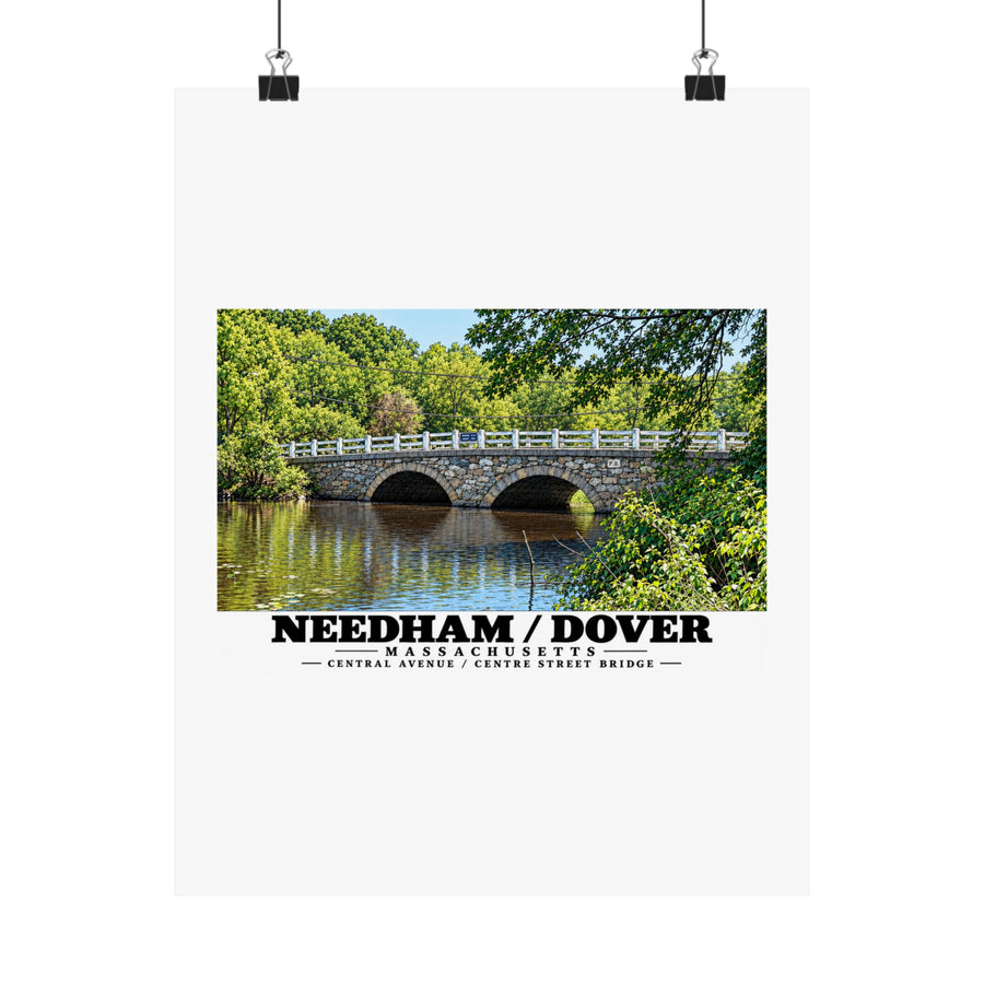 Central Avenue / Centre Street Bridge stone arches and river poster with Needham/Dover lettering hanging from two binder clips