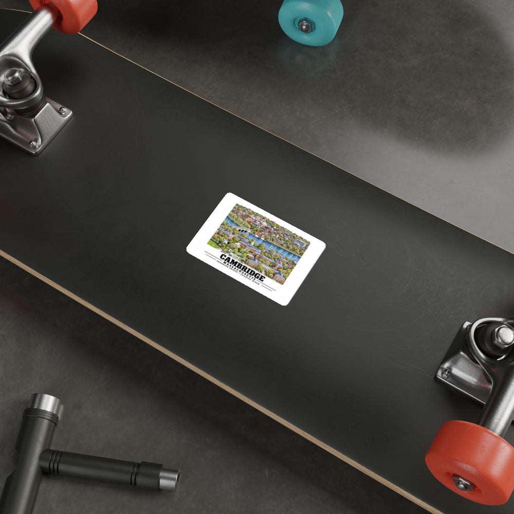 Cambridge and Charles River sticker applied to the underside of a skateboard.