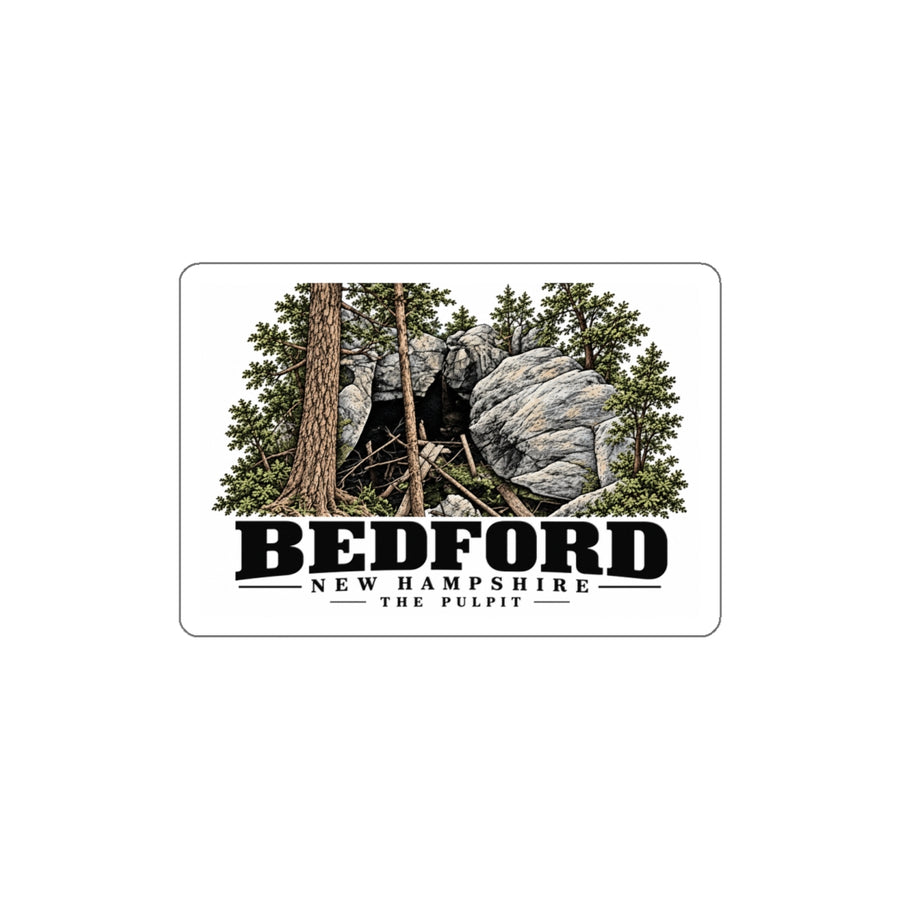 Front of The Pulpit white die-cut sticker, with Bedford, New Hampshire artwork and lettering.