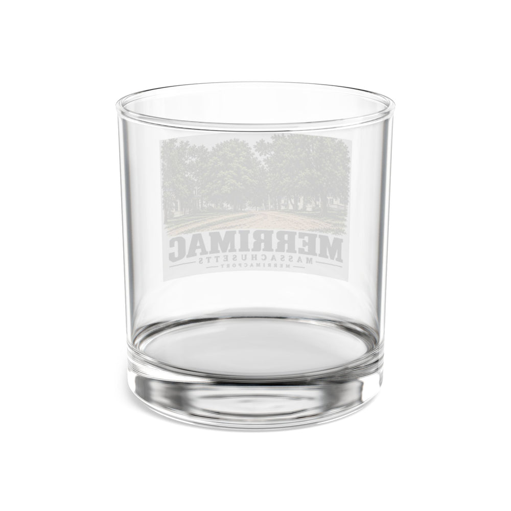 Transparent reverse of Merrimac Street rocks glass, with Merrimac, Massachusetts artwork and lettering.