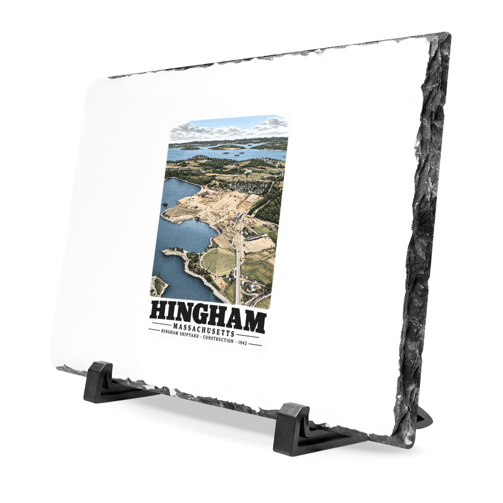 Illustrated Hingham Shipyard Construction in Hingham on slate desk plaque