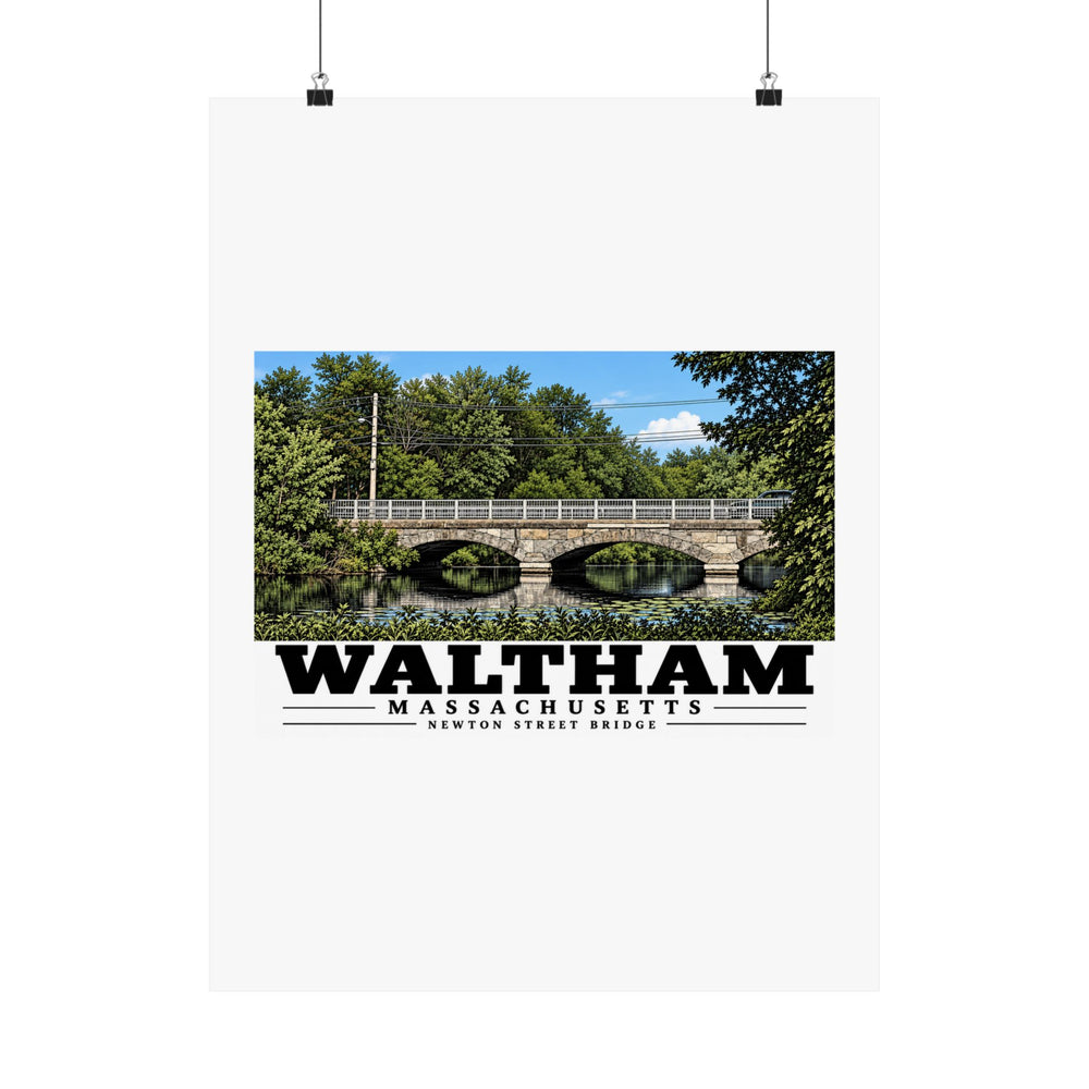 Larger view of the Newton Street Bridge matte poster suspended from black binder clips.