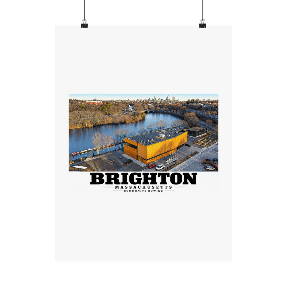 Community Rowing aerial building and river poster with Brighton lettering hanging from two binder clips