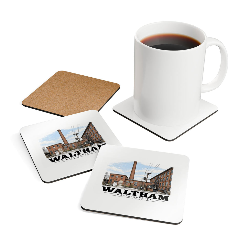 Illustrated Boston Manufacturing Company in Waltham on corkwood coaster set