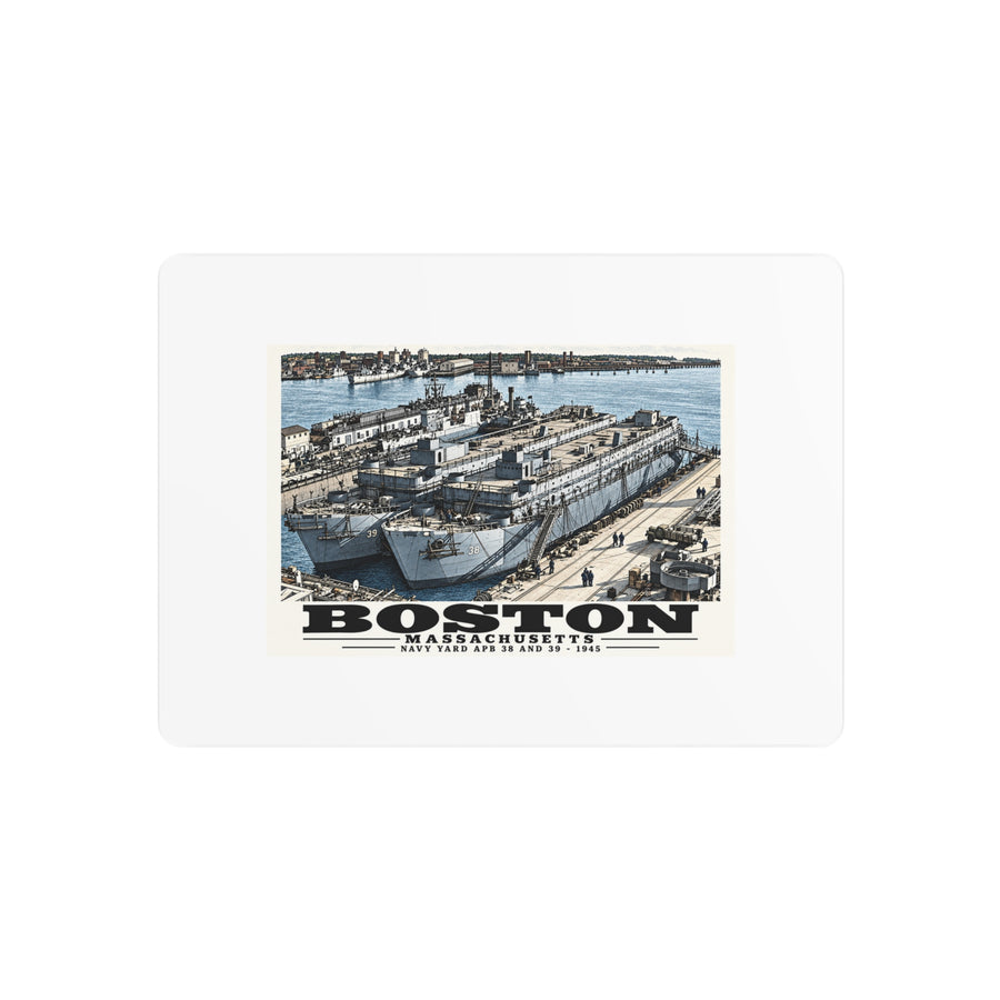 Illustrated APB-38 and APB-39 at Boston Navy Yard in Charlestown on metal art sign