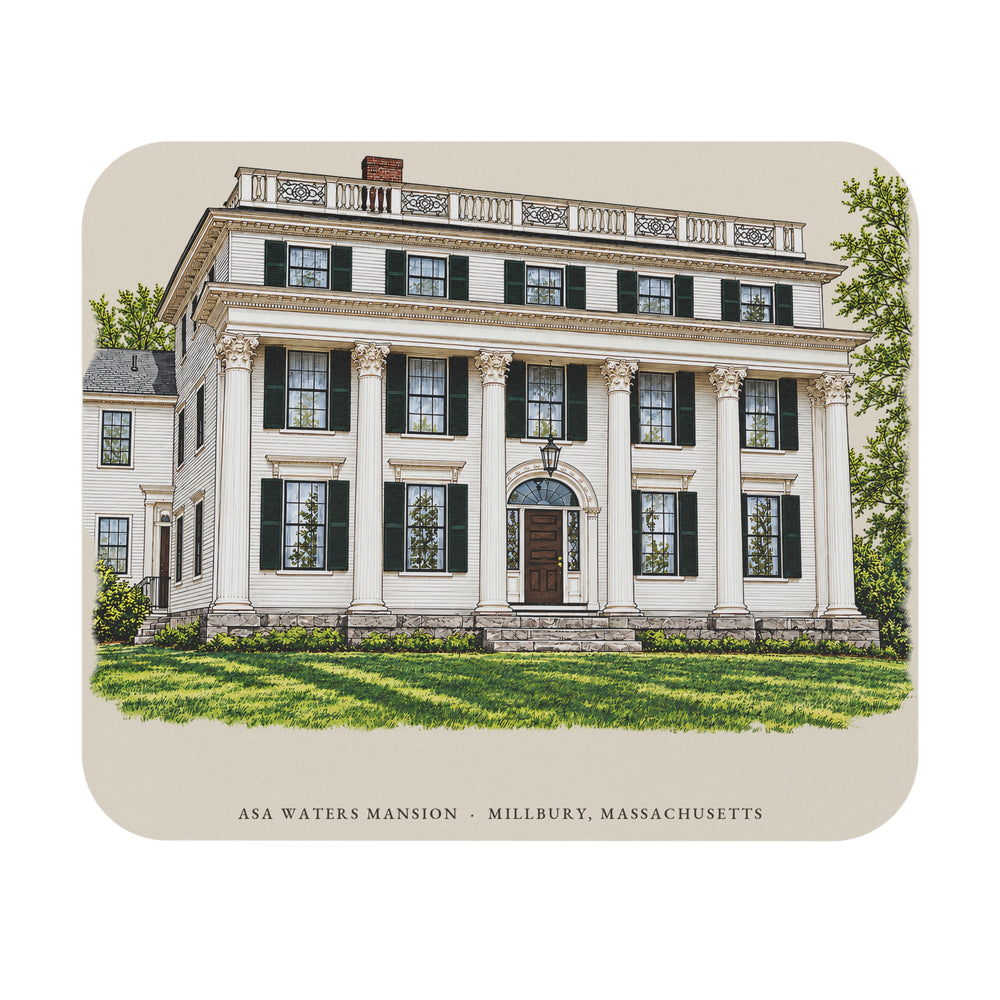 Millbury Asa Waters Mansion mouse pad mockup showing the full illustrated print