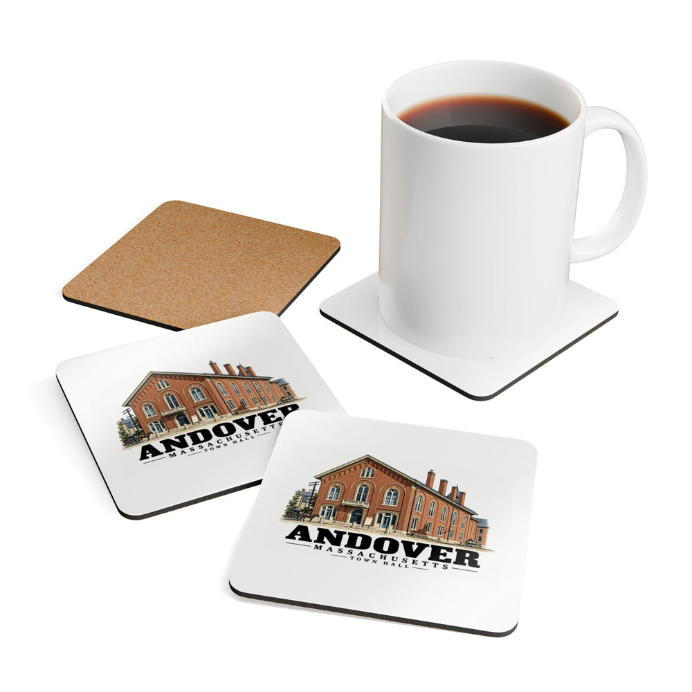 Tabletop display with coffee mug prop of Town Hall square cork-backed coaster set, Andover, Massachusetts.