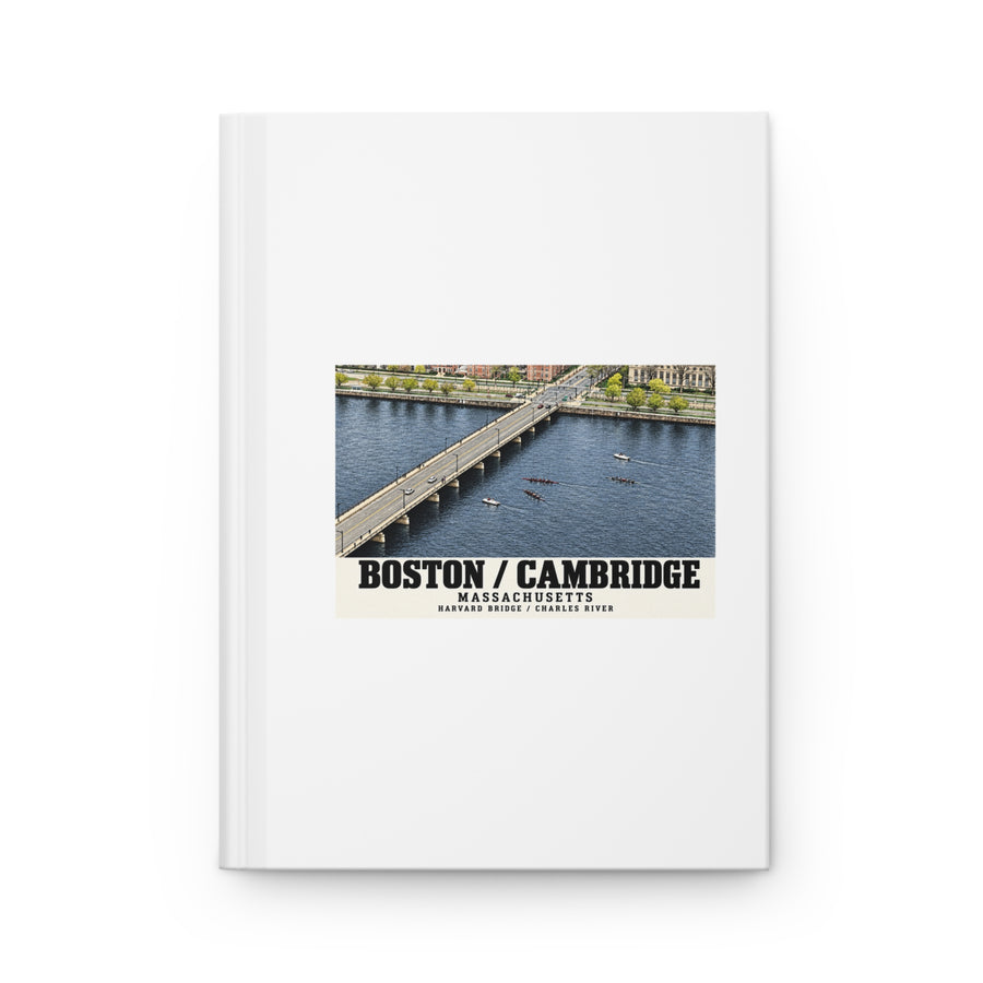 White hardcover journal with Harvard Bridge aerial view with scullers on the Charles River artwork and Boston/Cambridge lettering