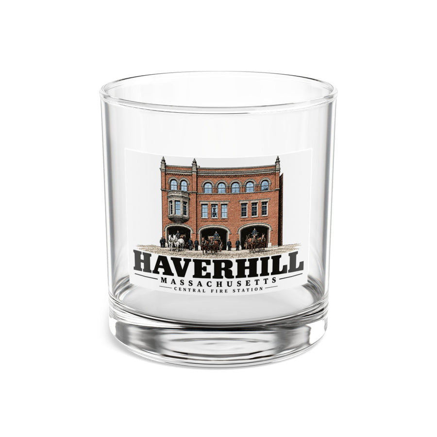 Front of Central Fire Station rocks glass, with Haverhill, Massachusetts artwork and lettering.