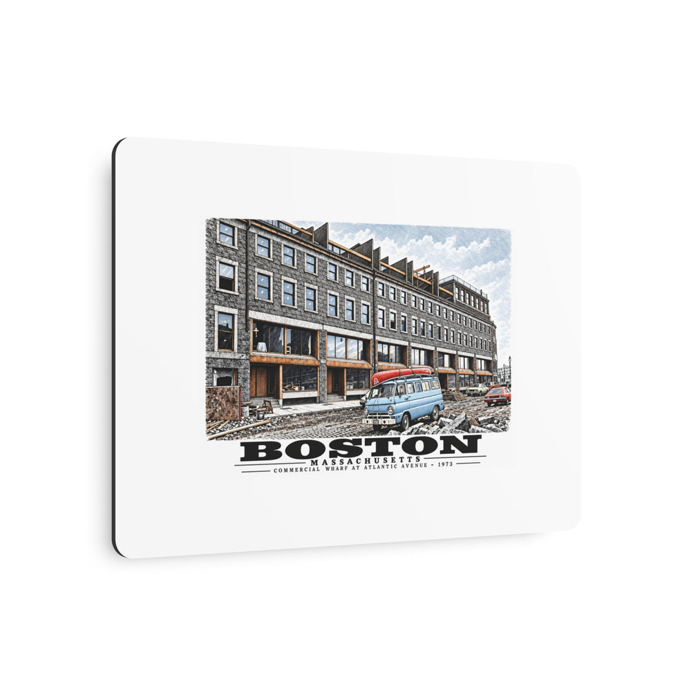 Angled view of Commercial Wharf Street buildings, blue van and renovation debris metal print with its dark edge visible