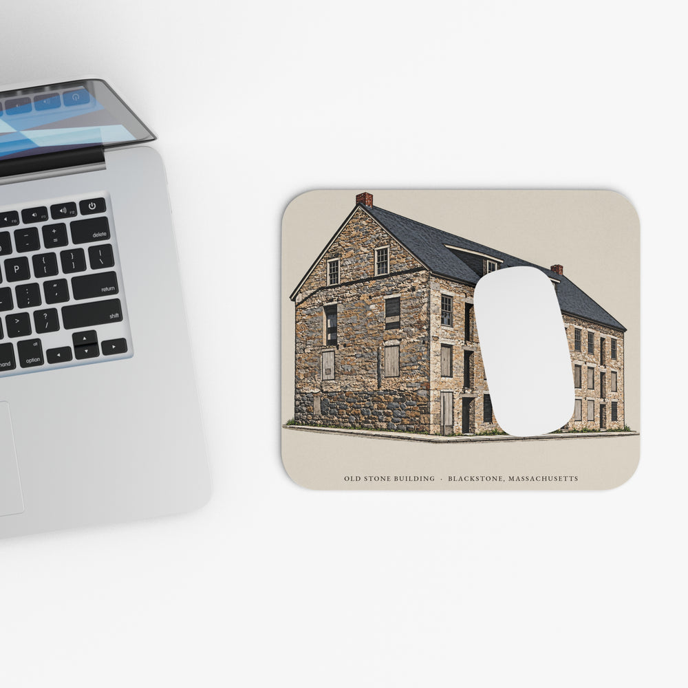 Blackstone Old Stone Building mouse pad mockup showing the full illustrated print