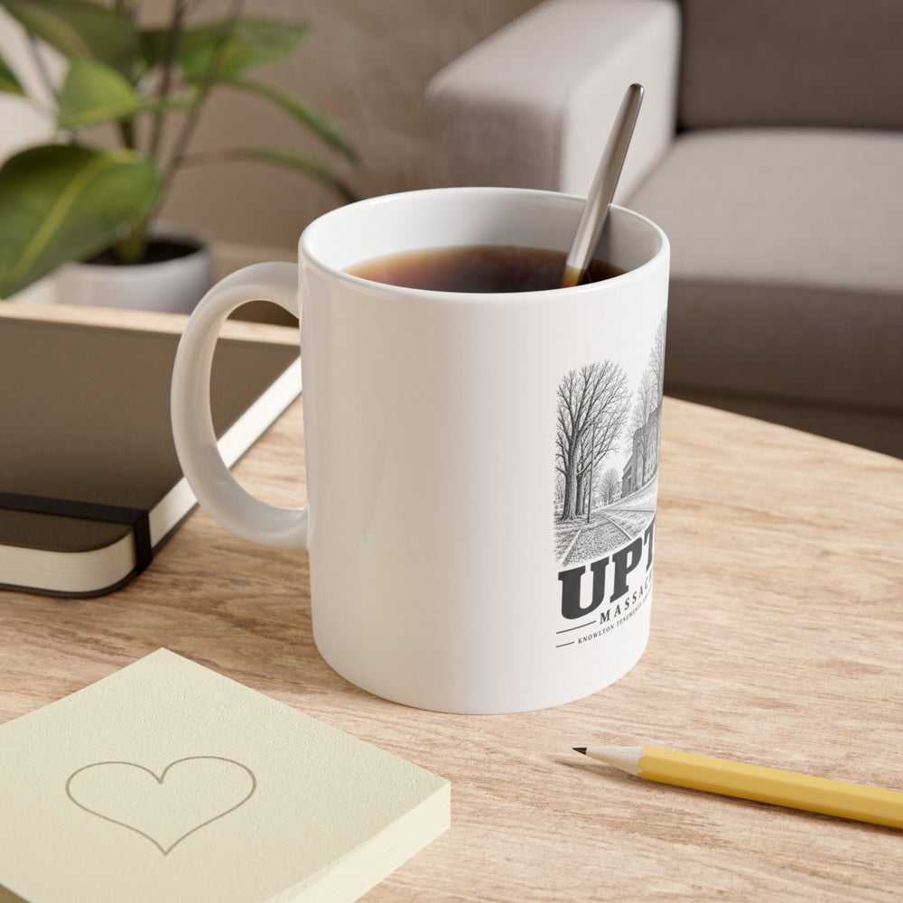 Upton Knowlton Tenements and Upton Loop Street Railway artwork on an 11 oz white ceramic mug, alternate view