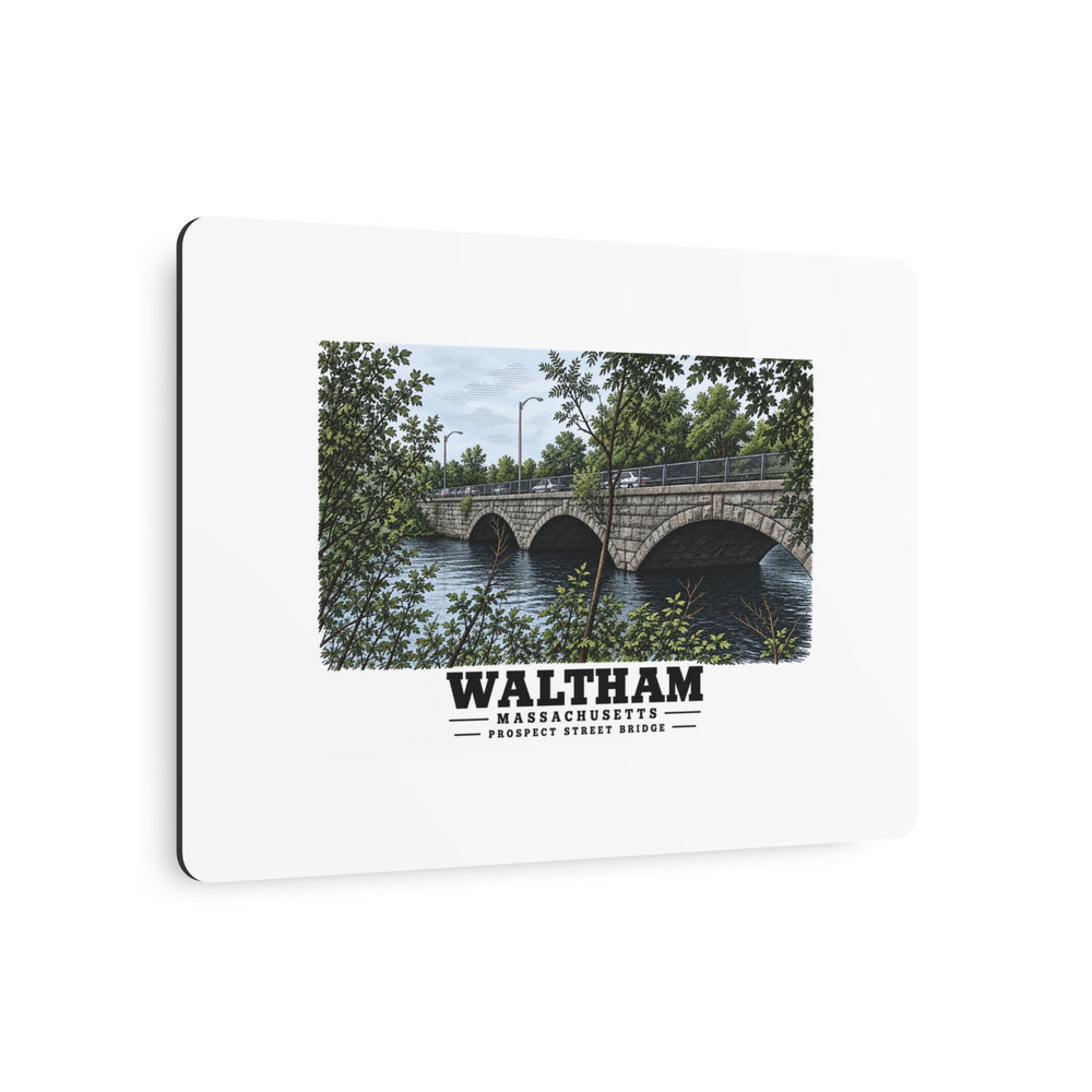 Angled view of Prospect Street Bridge stone arches and river metal print with its dark edge visible