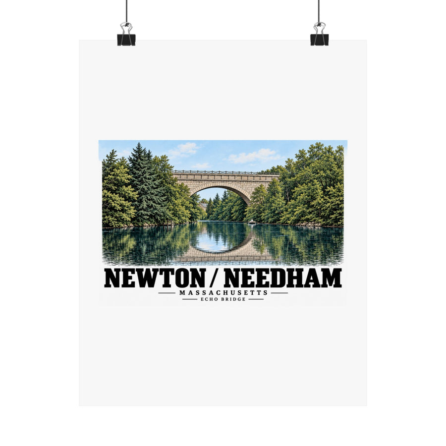 Echo Bridge landscape poster with Newton/Needham lettering hanging from two binder clips