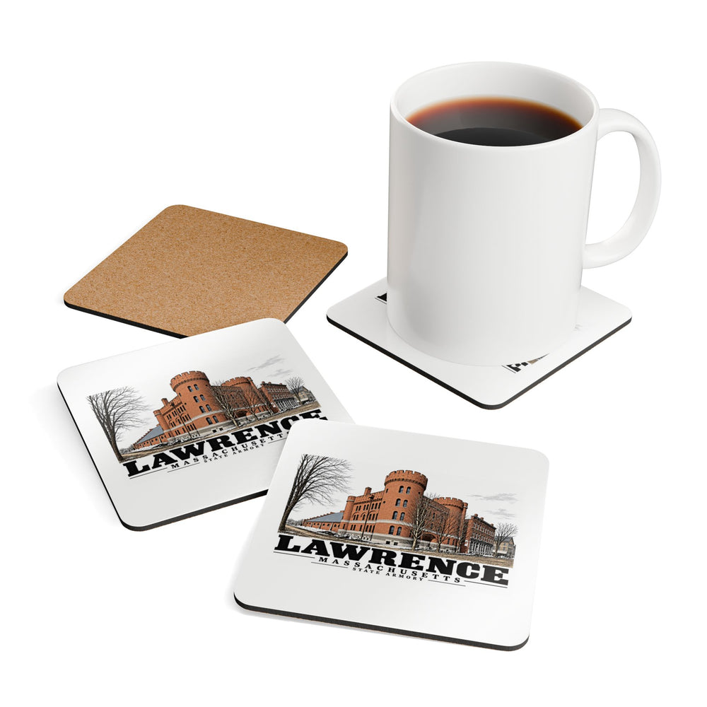 Illustrated State Armory in Lawrence on corkwood coaster set