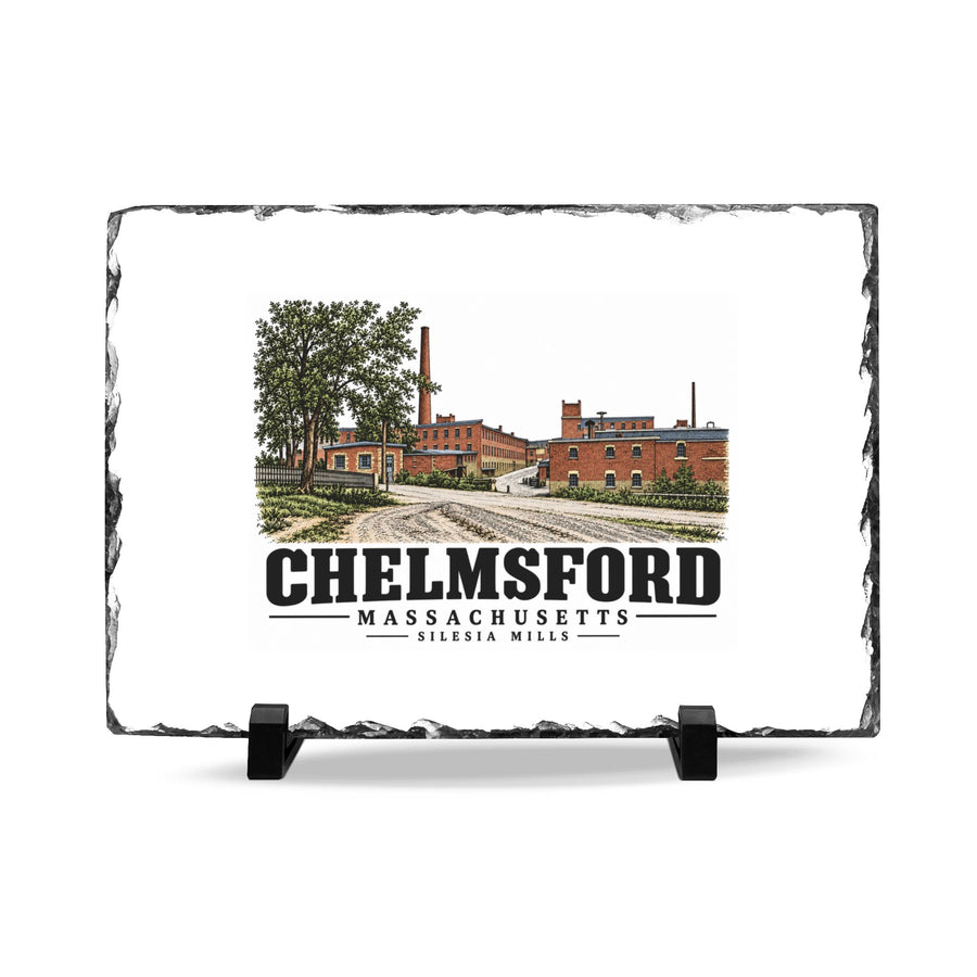 Front on display stands of Silesia Mills slate desk plaque, with Chelmsford, Massachusetts artwork and lettering.