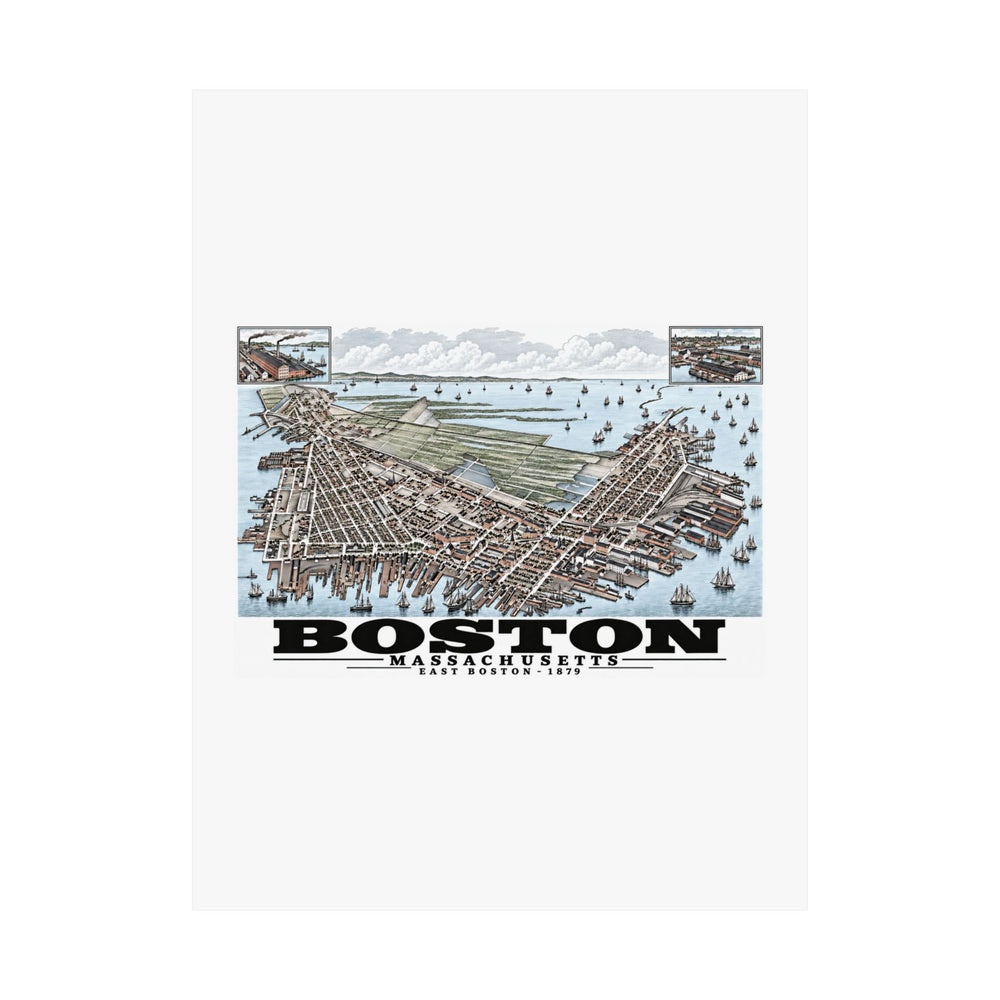 Flat East Boston bird-eye city and harbor panorama with inset views poster with Boston lettering