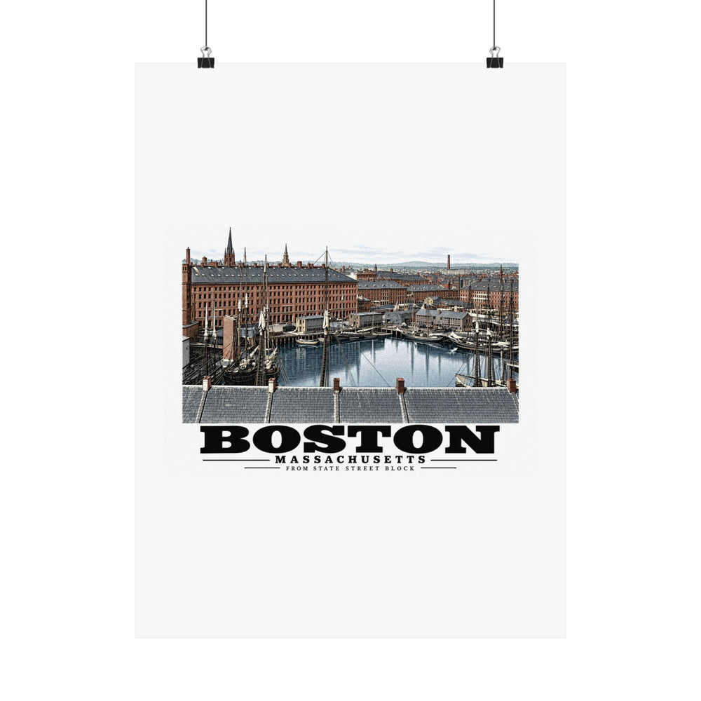 Boston waterfront buildings, wharves, boats and harbor water poster with Boston lettering hanging from two binder clips