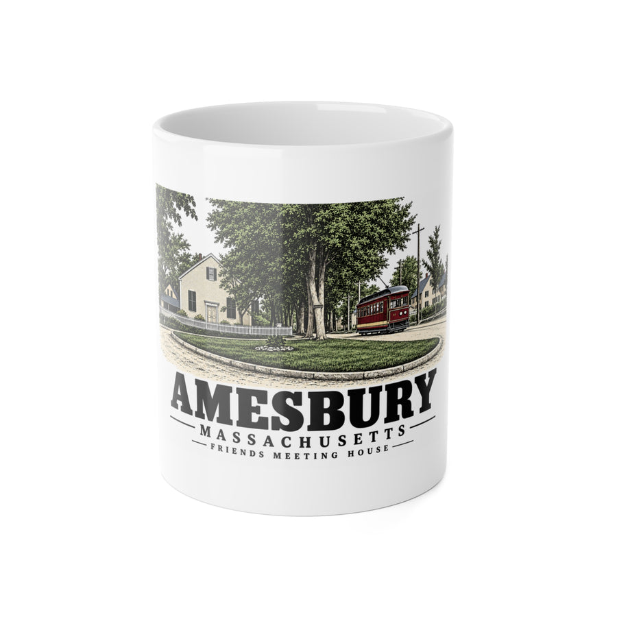 Amesbury Friends Meeting House, Friend Street, with streetcar 11 oz White Ceramic Mug - Merrimack Valley Goods