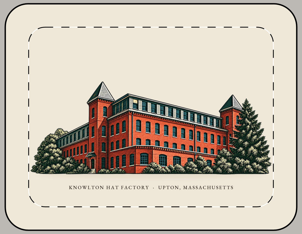 Upton Knowlton Hat Factory 15-inch laptop sleeve mockup showing the full illustrated print