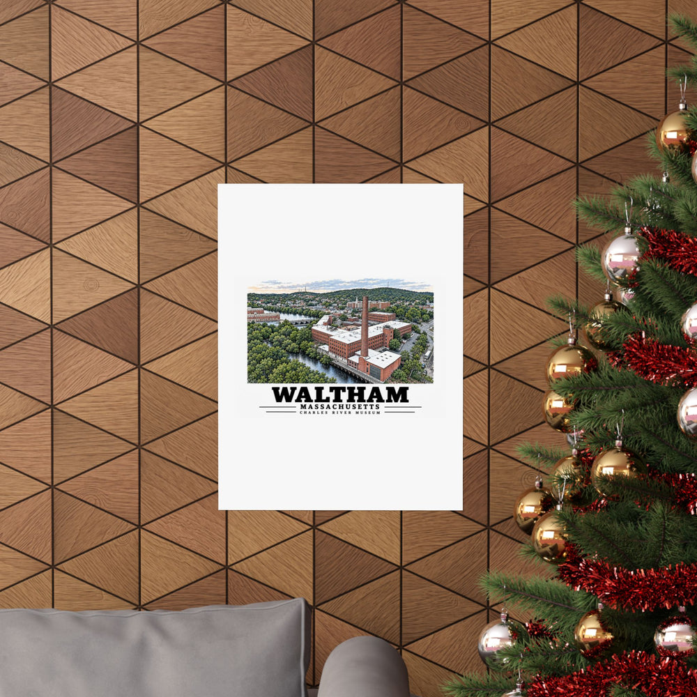 Larger Charles River Museum poster displayed on a geometric wood wall beside a decorated tree.