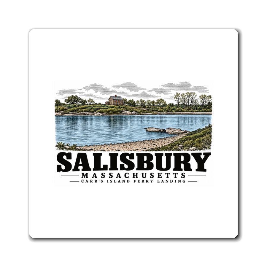 Front of Carr’s Island Ferry Landing square magnet, with Salisbury, Massachusetts artwork and lettering.