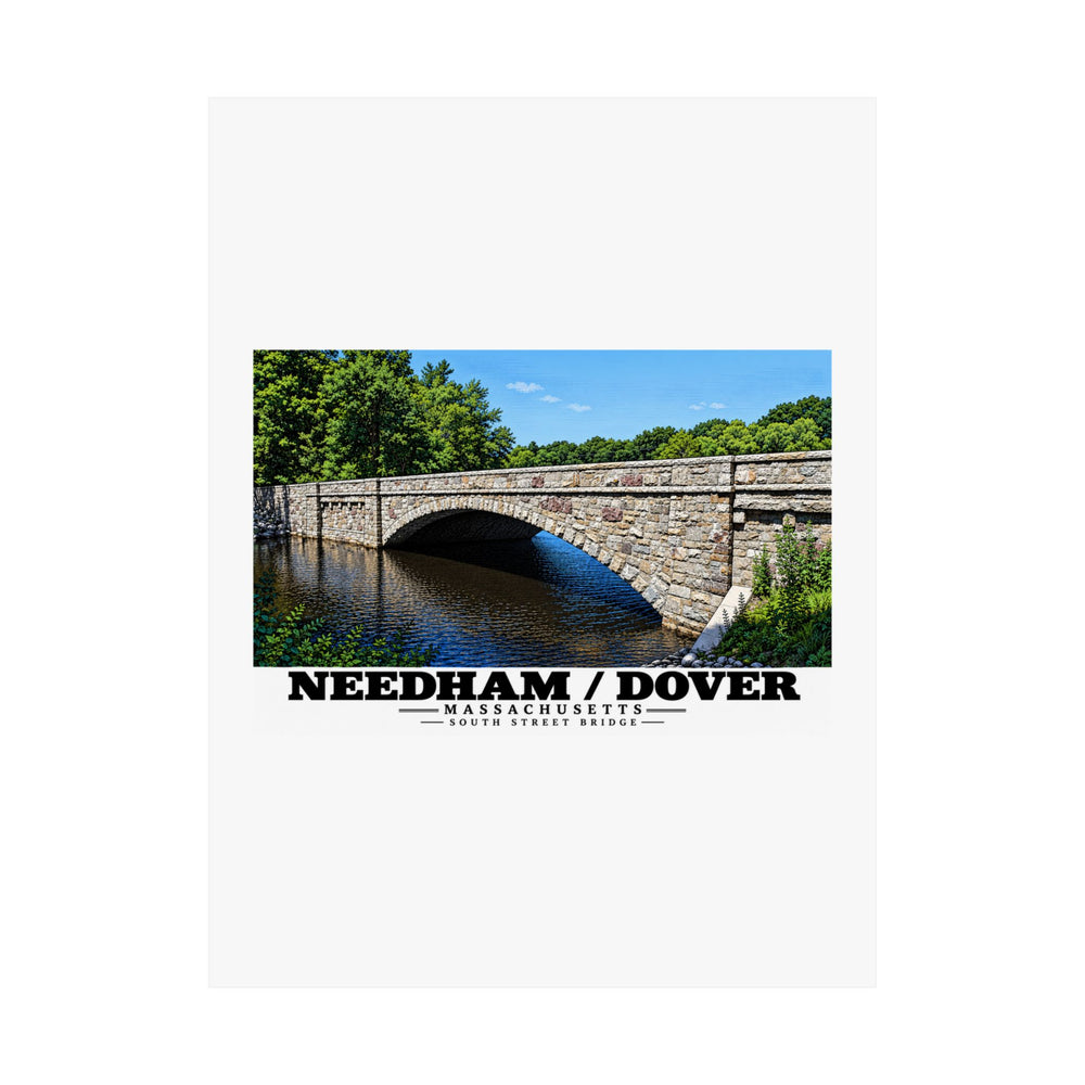 Flat South Street Bridge stone arch and river poster with Needham/Dover lettering