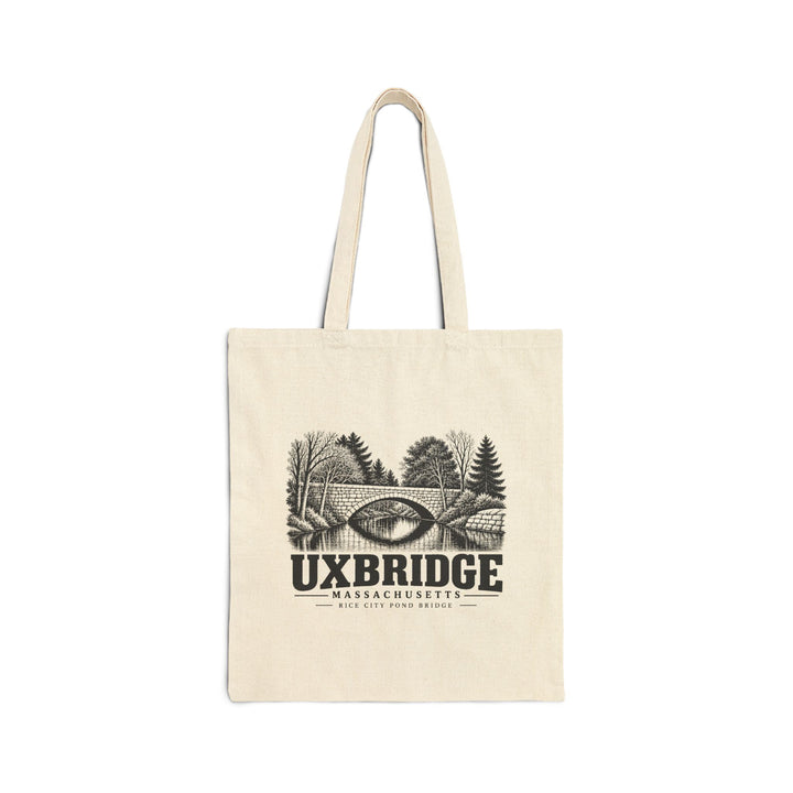Natural canvas tote with Uxbridge Rice City Pond Bridge artwork, front view