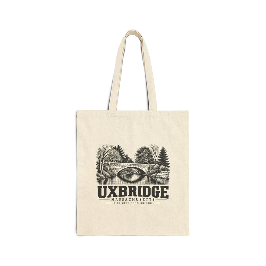 Natural canvas tote with Uxbridge Rice City Pond Bridge artwork, front view
