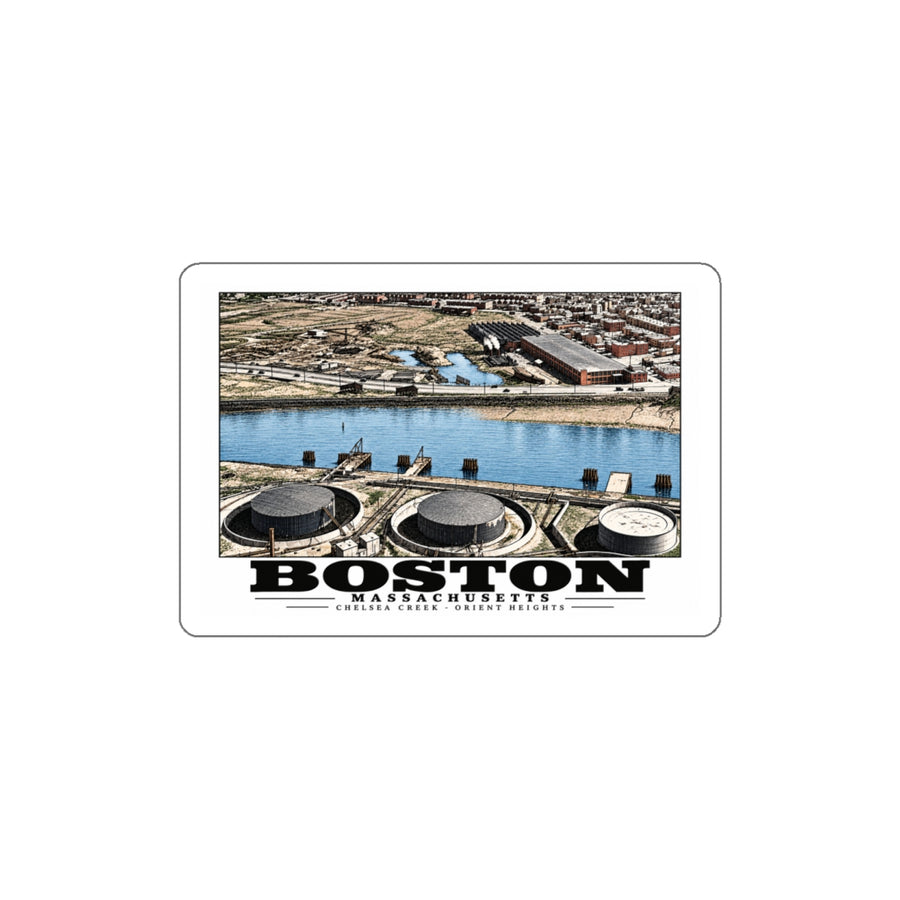 Orient Heights taken at 600 feet-Shore line, Chelsea Creek, East Boston 4 in White Die-Cut Sticker - Boston Harbor