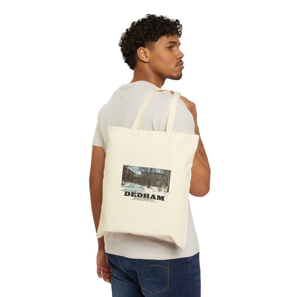 Illustrated Norfolk Manufacturing Company Cotton Mill in Dedham on cotton canvas tote — natural canvas