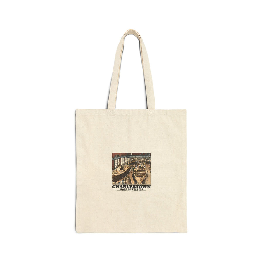 Front of natural cotton canvas tote with small-boat building and Charlestown artwork