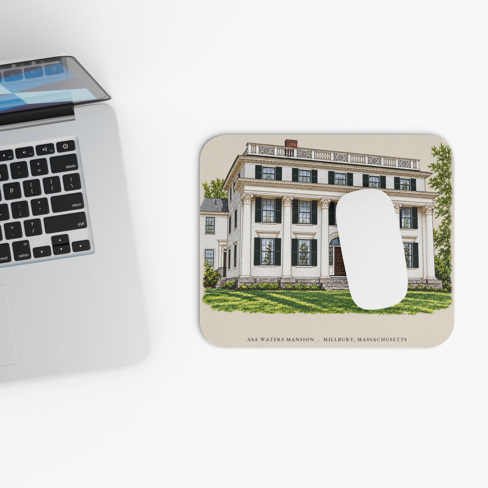 Millbury Asa Waters Mansion mouse pad mockup showing the full illustrated print