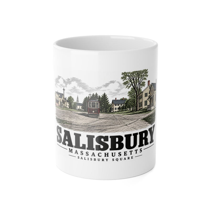 Front of Salisbury Square white ceramic mug, Salisbury, Massachusetts.