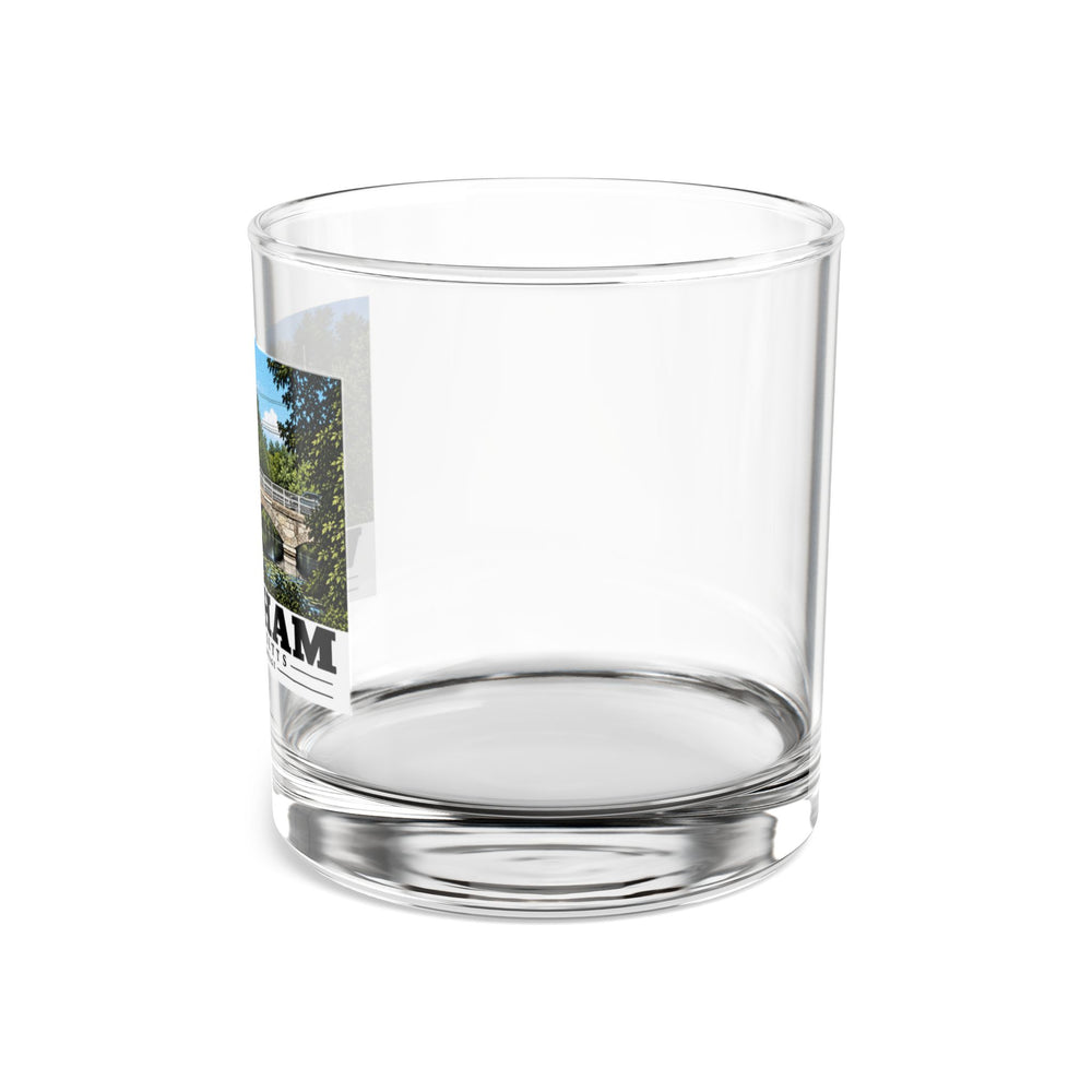 Left-side view of the clear rocks glass with Newton Street Bridge artwork partly visible.