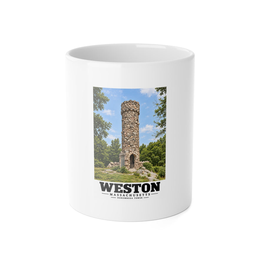 Illustrated Norumbega Tower in Weston on ceramic mug