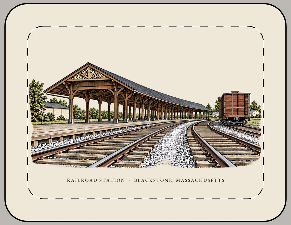 Blackstone Railroad Station 15-inch laptop sleeve mockup showing the full illustrated print