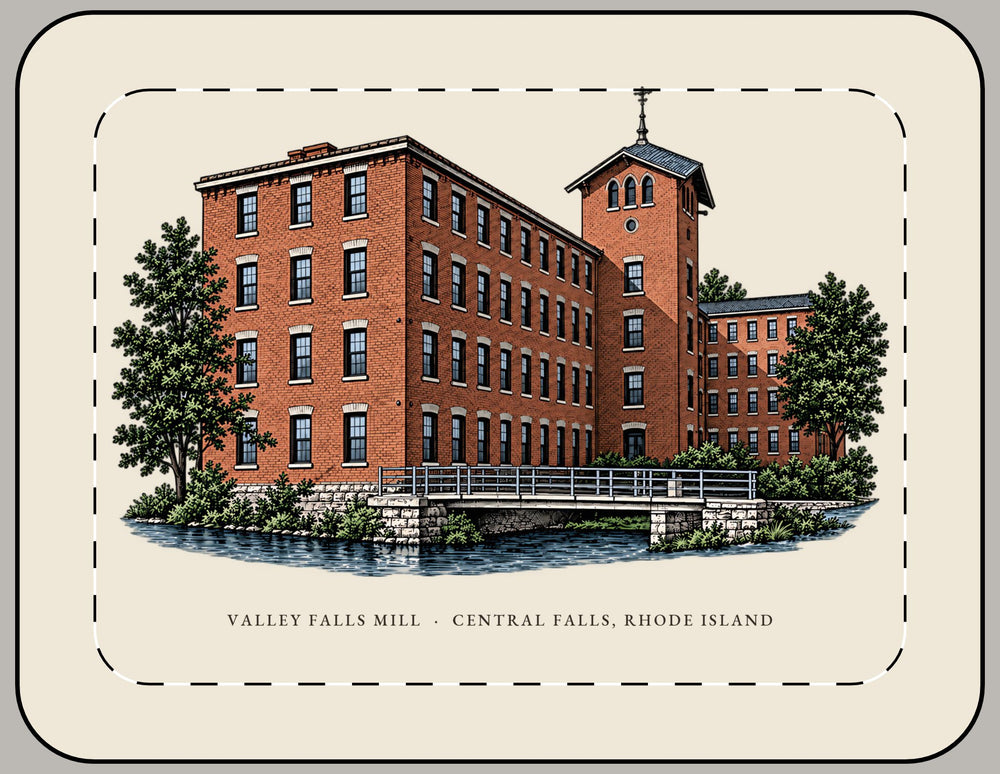 Central Falls Valley Falls Mill 15-inch laptop sleeve mockup showing the full illustrated print