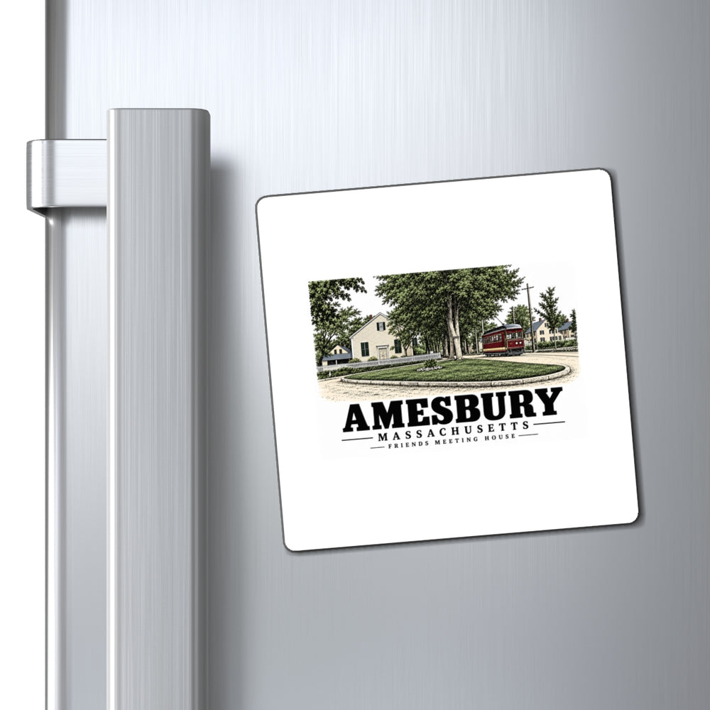 4 inch square Friends Meeting House magnet displayed on a refrigerator in Amesbury artwork mockup.