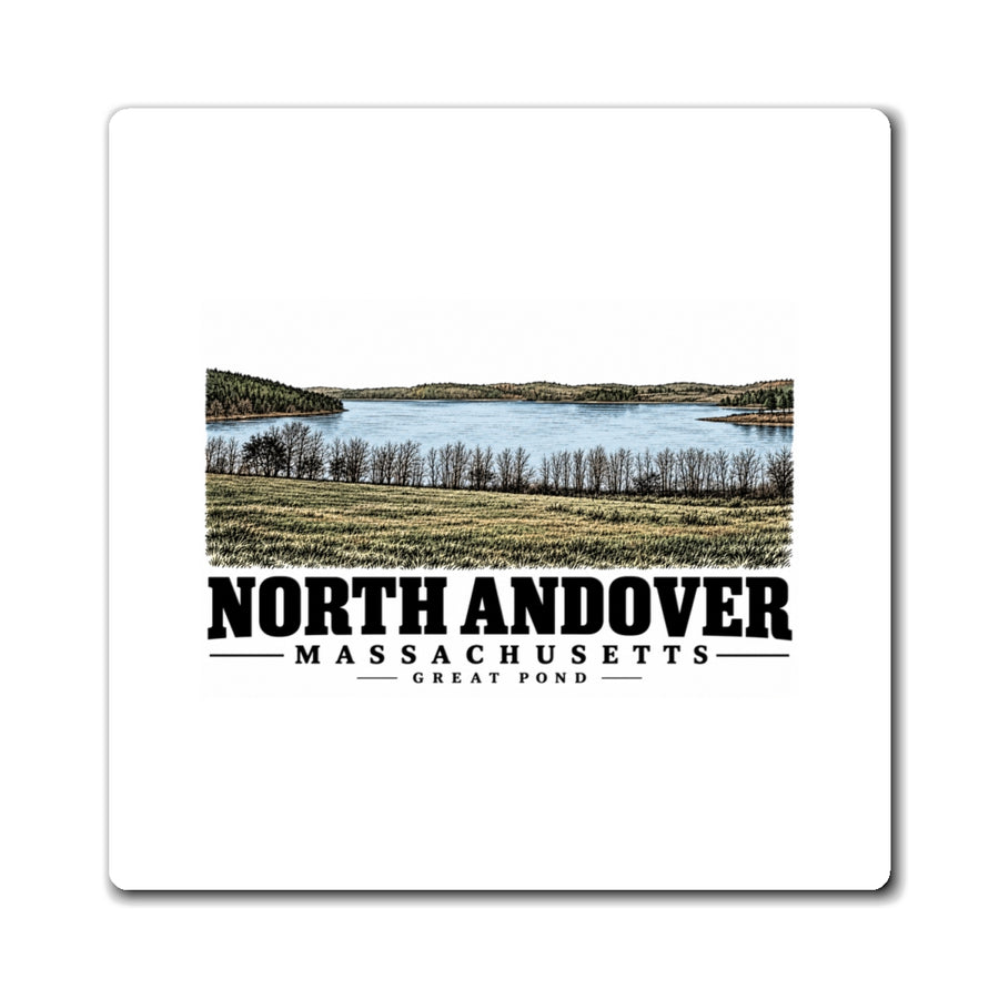 Front of Great Pond square magnet, with North Andover, Massachusetts artwork and lettering.